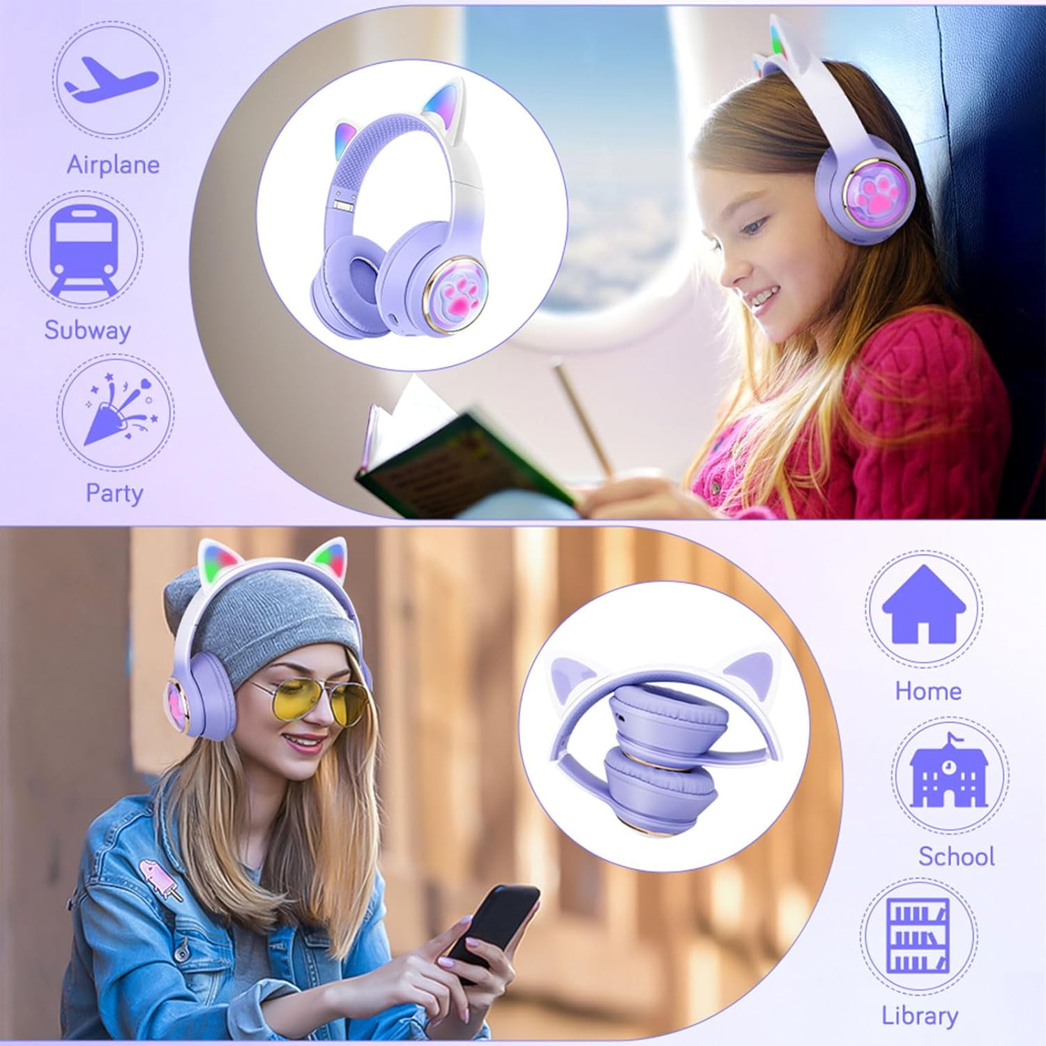QearFun Kids Wireless Headphones,Cat Ear Headphones with LED Lights for Kids/Boys/Girls/Toddler Aged 3 up, 2 in 1 Childrens Bluetooth/Wired Headphones Foldable with Mic for Phone/Tablet/Laptop,Purple