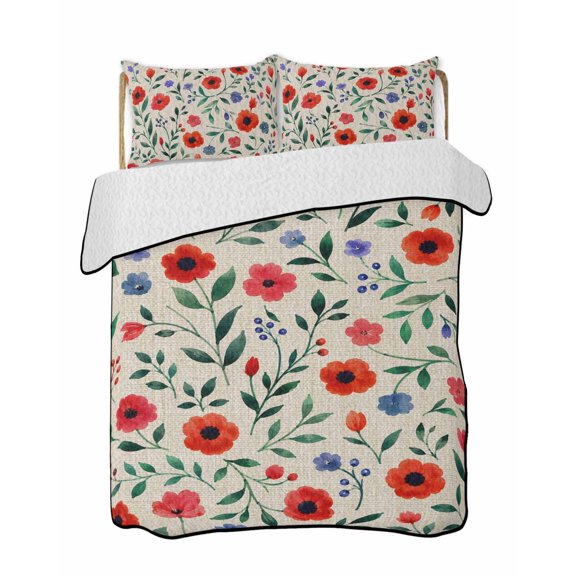 Full Size Quilt Bedding Set, Watercolor Floral Reversible Summer Quilt 3 Pieces, Spring Red Poppy Flower Botanical Beige Lightweight Bedspreads Coverlets with 2 Pillow Shams for All Seasons