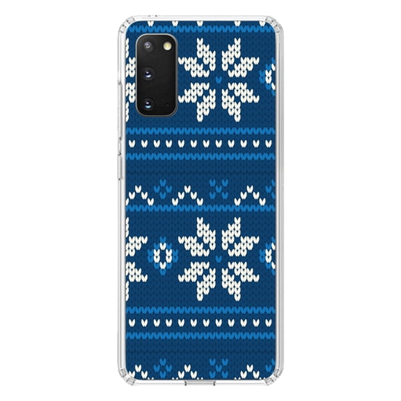 DistinctInk Clear Shockproof Hybrid Case for Galaxy S20 / S20 5G (6.2" Screen) - TPU Bumper, Acrylic Back, Tempered Glass Screen Protector - Blue White Ugly Hannukah Sweater