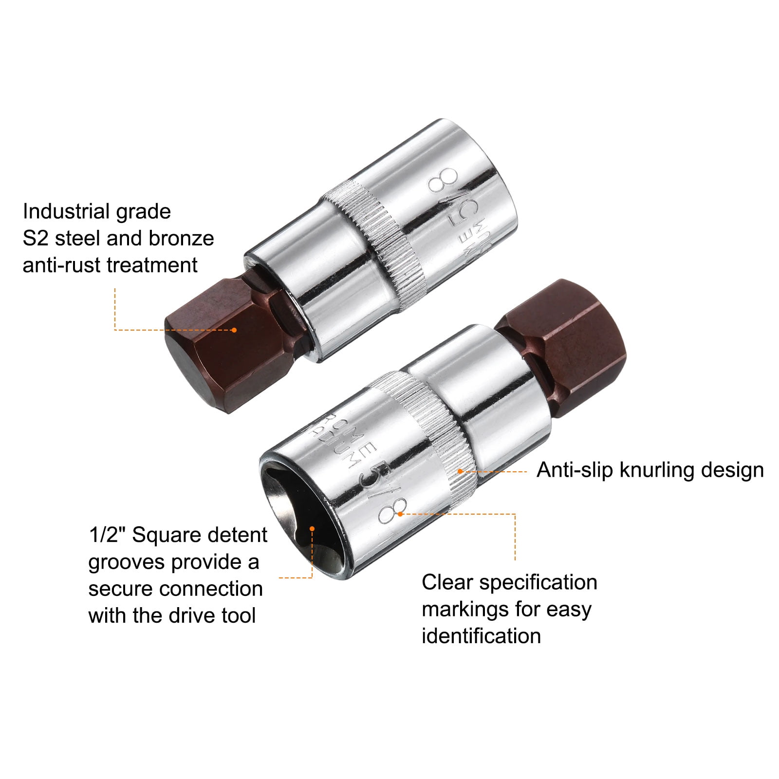 Uxcell 3pcs 5/8" Hex Bit Socket 1/2" Square Drive SAE Extension Impact Bit Power Nut Driver Set S2 & CR-V Steel Socket Ratchet Wrench Bits