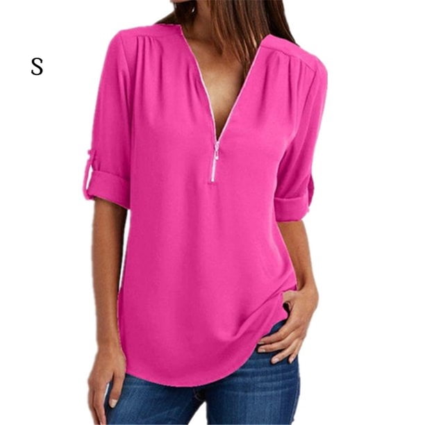 Camisa de blusa de manga larga con cremallera superior para mujer, tela informal con cuello en V, rosa roja, S Advancent AP002124-49