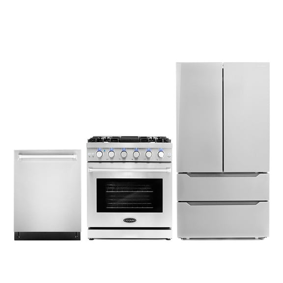 Cosmo 3 Piece Kitchen Appliance Packages with 30" Freestanding Gas Range Kitchen Stove 24" Built-in Fully Integrated Dishwasher & French Door Refrigerator Kitchen Appliance Bundles