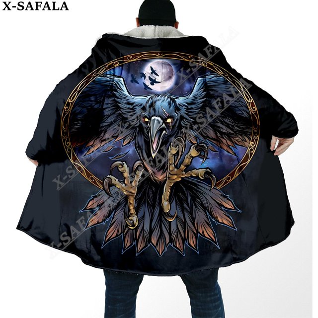 Capa gruesa y cálida con capucha para hombre, abrigo con estampado 3D de armadura vikinga con símbolo de tatuaje de cuervo, abrigo de lana a prueba de viento, bata de Manta, 9
