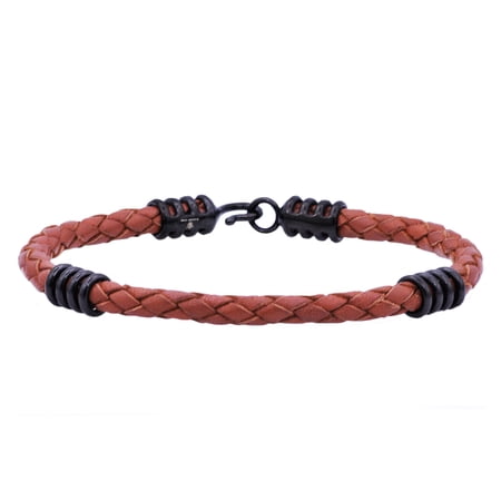 Arista Men's Bracelet in Brown Leather Black Plated Solid Stainless Steel, 8.5"