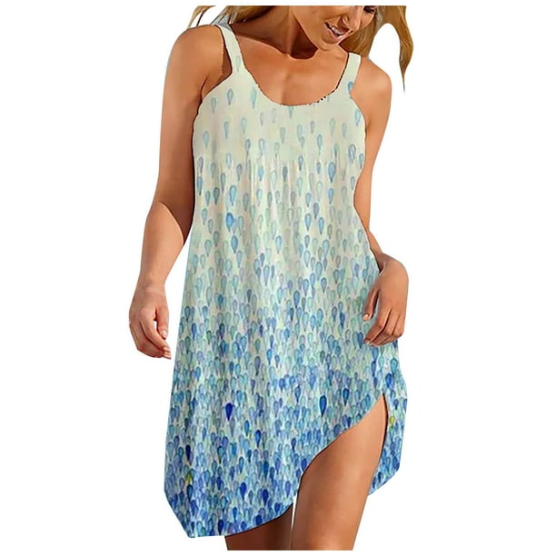 ICHUANYI Clearance Women's Fashion O-Neck Sexy Sleeveless Cute Cartoon Print Hem Loose Beach Dress(Light blue, S) Ichuanyi Ichuanyi