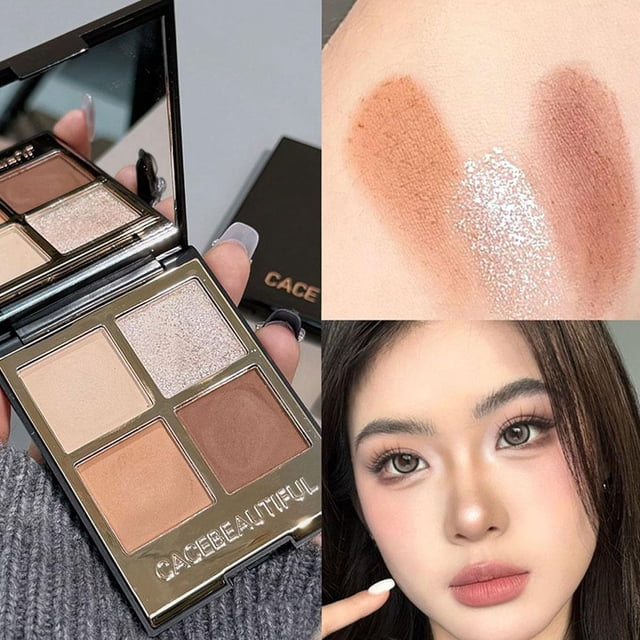 Compact 4-Color Eyeshadow Palette Kit: Shimmer & Matte Finishes, Black, Gold & Earth Tones for Travel, Portable Makeup Set