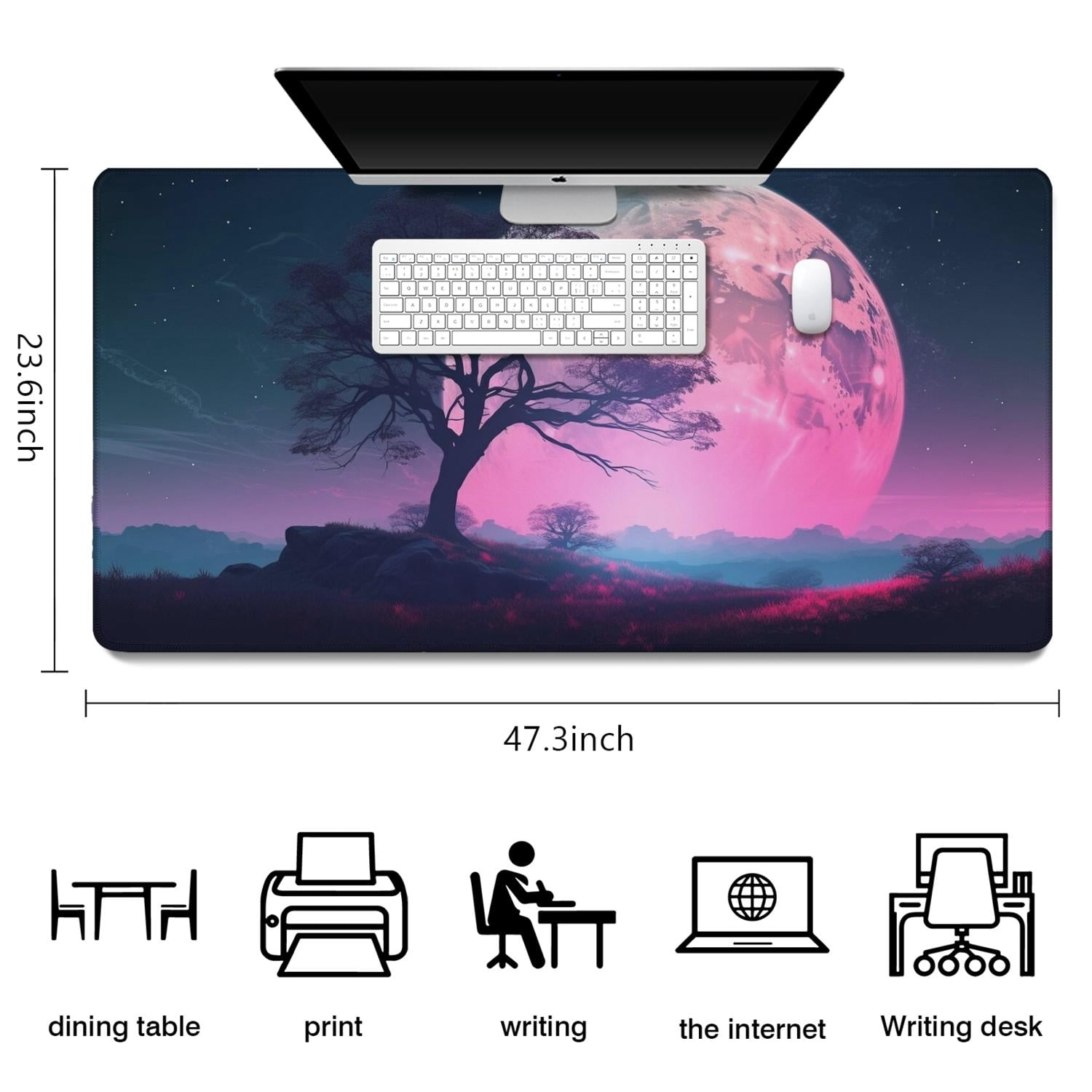 Beautiful Night Sky Moon and Tree Gaming Mouse Mat, Rectangle 3XL Extra Large Mouse Pad 47.3 X 23.6 InchesNon-Slip Rubber Gaming Mouse Pad with Stitched Edges, Office Mouse Pad for Women Men Kids