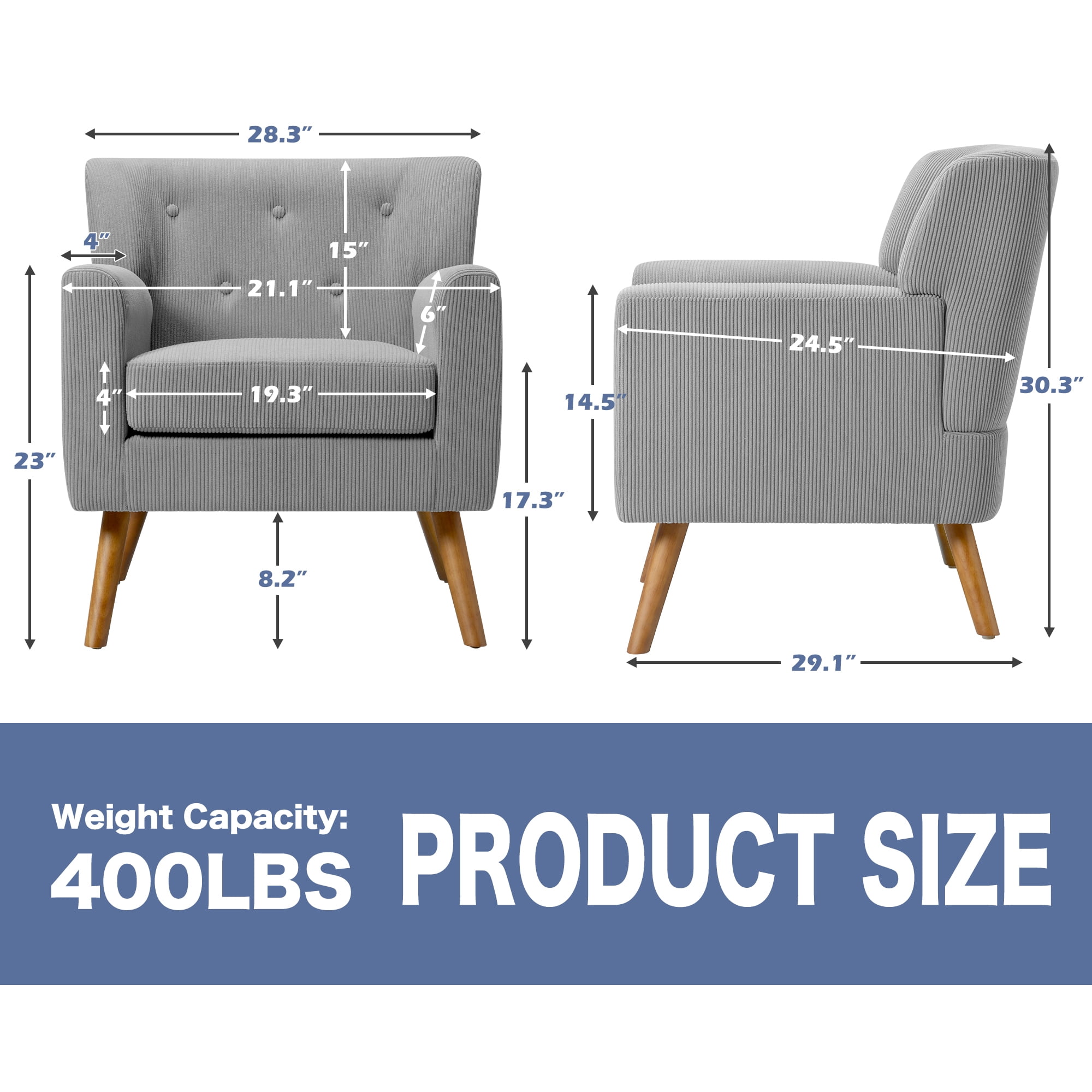 TrumanPick Accent Chair, Modern Upholstered Comfy Sofa Chairs, Fabric Mid-Century Armchair Button Tufted Lounge Chair for Living Room, Bedroom, Gray