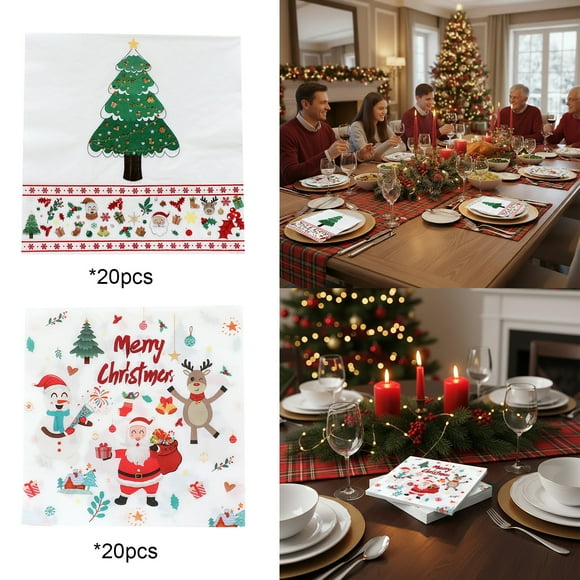 wycnly 20PC Christmas Themed Napkins Party Tableware Santa Claus Tree Design Holiday Disposable Paper Festive Decor 6.69x6.69in Christmas Decorations