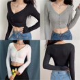 thumbnail image 4 of Women Knitted Long Sleeve Cropped Cardigan Top Sexy V-Neck Button Down Solid Color Slim Fitted Knitwear Sweater T-Shirt White L, 4 of 4