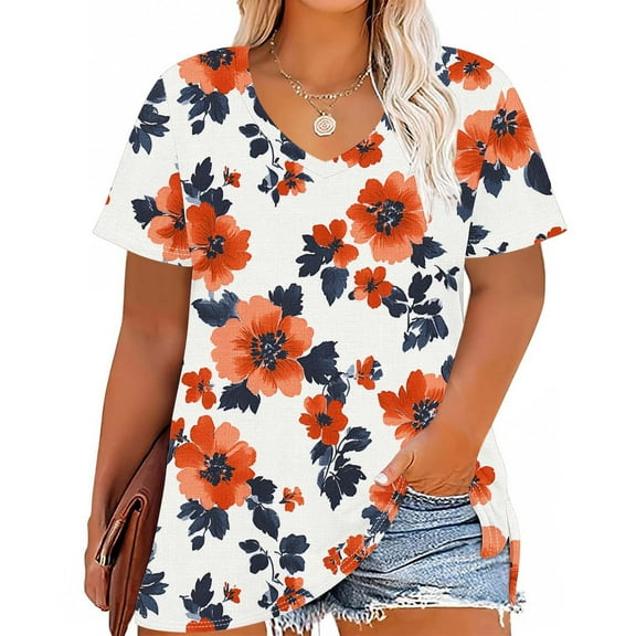 Plus Size 4X Women's Short Sleeve Tops Sale Under $10 Free Shipping Summer Casual Loose Print Blouse
