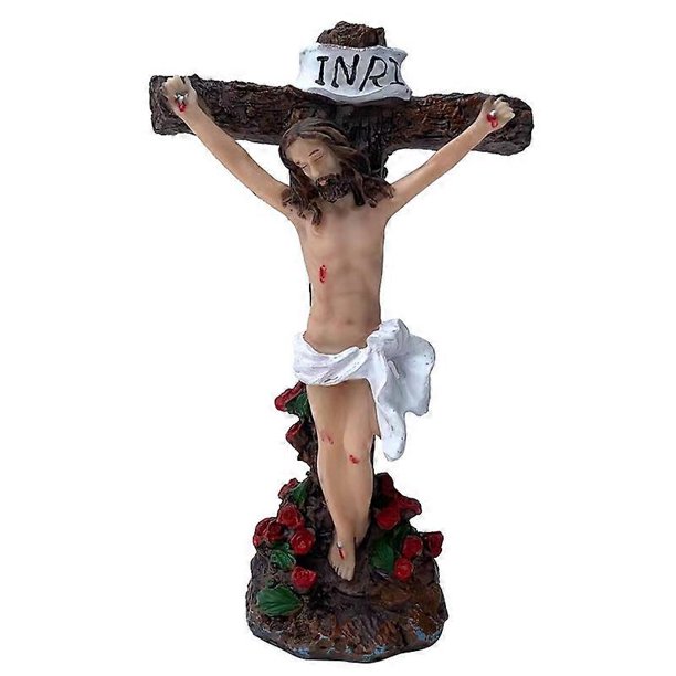Catholic Jesus Cross Resin Figurine Standing Crucifix Prayer Statue Crafts for Home Living Room Bedroom Christian Church