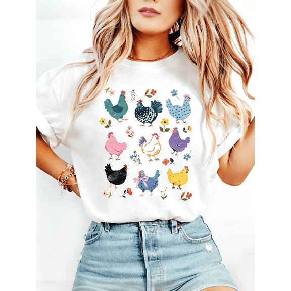 Women’s Colorful Chicken T-Shirt Floral Farm Hens Graphic Casual Short Sleeve Tee