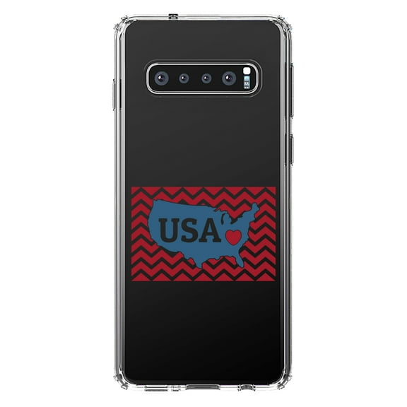 DistinctInk Clear Shockproof Hybrid Case for Samsung Galaxy S10  PLUS (6.4" Screen) - TPU Bumper Acrylic Back Tempered Glass Screen Protector - USA Map Heart Chevron Flag