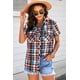 thumbnail image 2 of ABPHQTO Camisa de manga corta con bolsillo de patchwork de leopardo a cuadros para mujer, 2 of 5