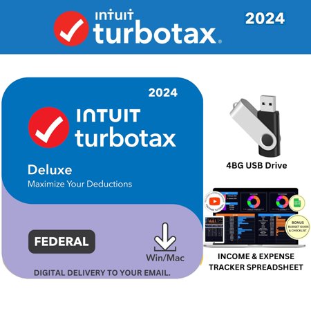 [New Version] TurboTax Deluxe 2024 Tax Software - Federal Return & Federal E-File [PC/MAC Download] - BONUS FREE 4GB USB 2.0 Flash Drives + Income and Expense Tracker Spreadsheet