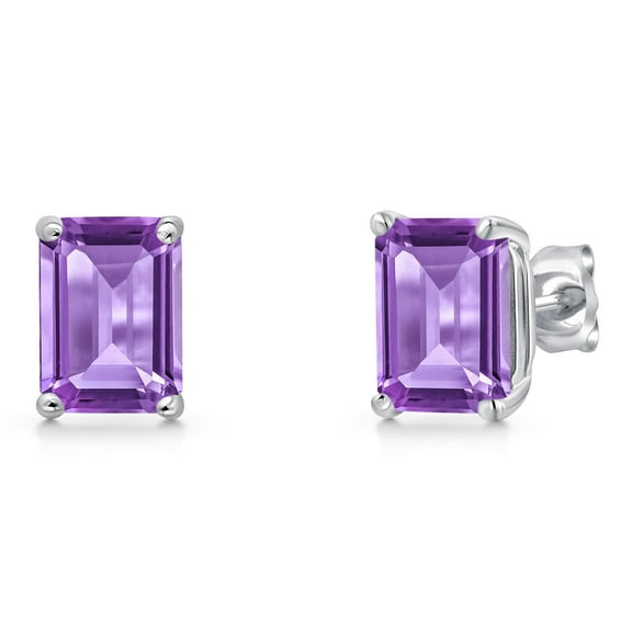 Gem Stone King 14K White Gold Purple Amethyst Stud Basket Setting Earrings | 3.00 Cttw | Gemstone February Birthstone | Emerald Cut 8X6MM | Double Notch | Gold Earrings for Women Men