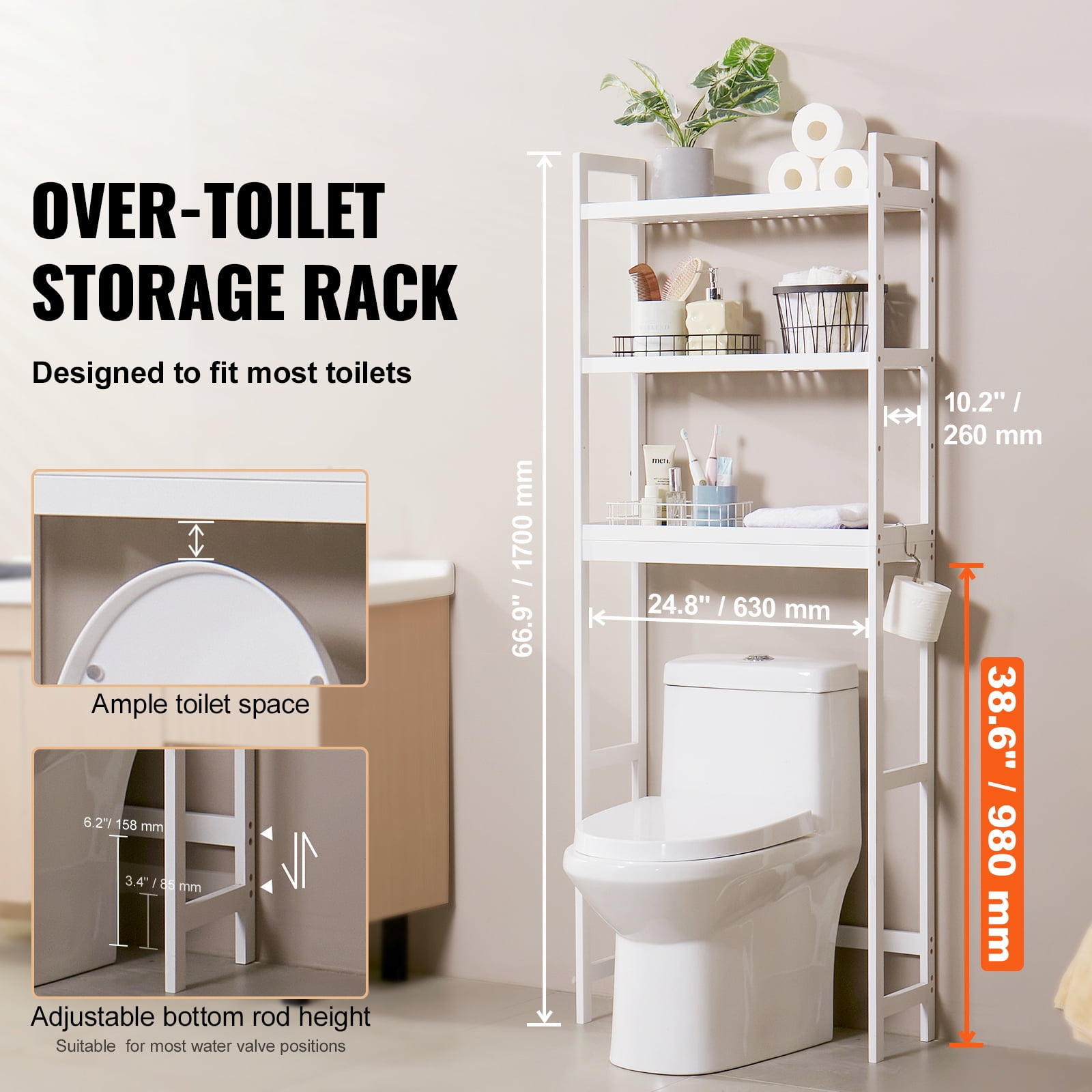 KFFKFF Bathroom Storage Above Toilet, 3-Level Adjustable Bamboo Organizer, Shelf Rack with Trio Hooks, Independent Assembly for Laundry Room Saving Space, Compatible with Various Toilets, White