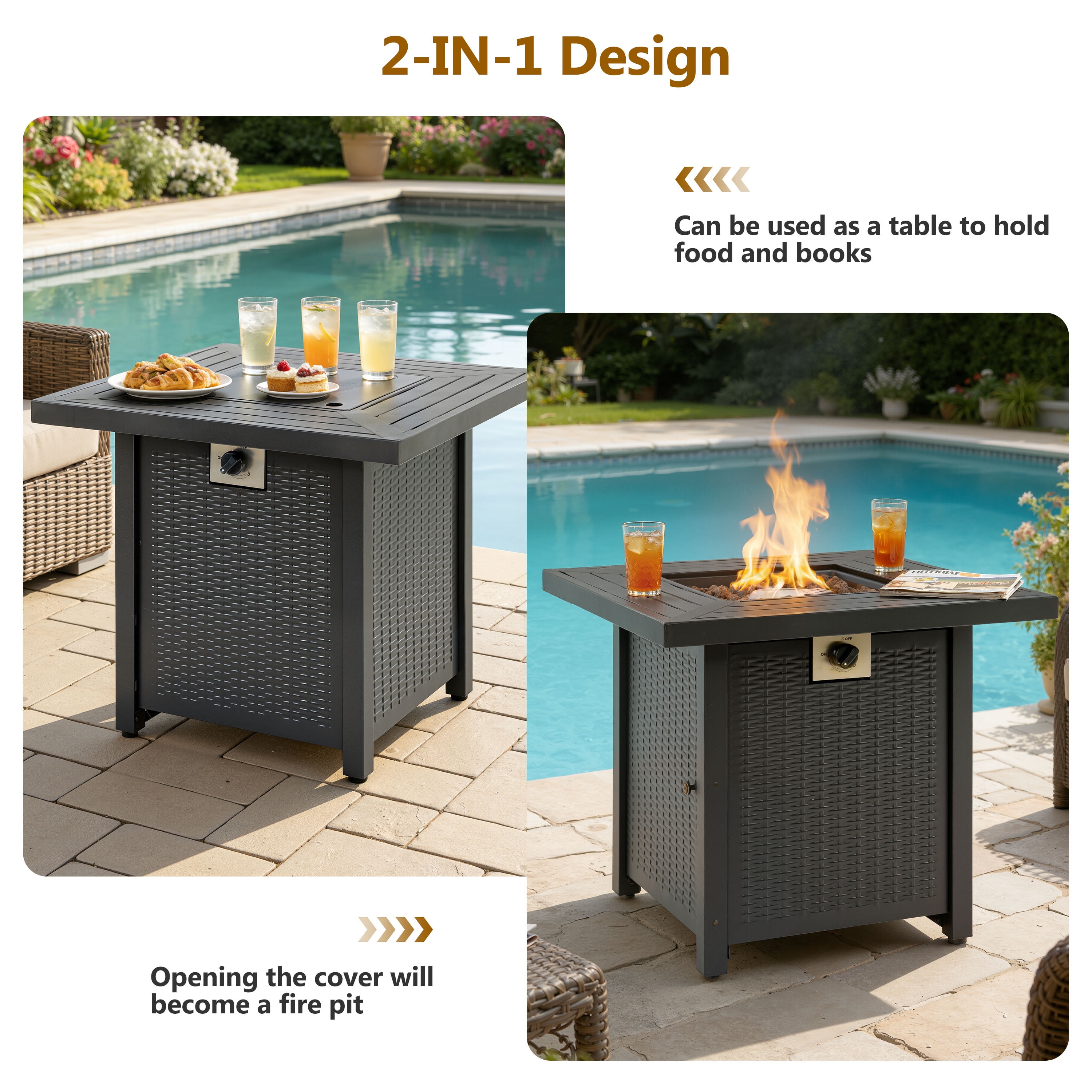 2-in-1 Propane Fire Pit Table, Outdoor Table with Fire Pit, 28 Inch 50,000 BTU Auto-Ignition Gas Fire Pit Table with Lid and Lava Rock, Square Fire Table for Yard Patio Garden