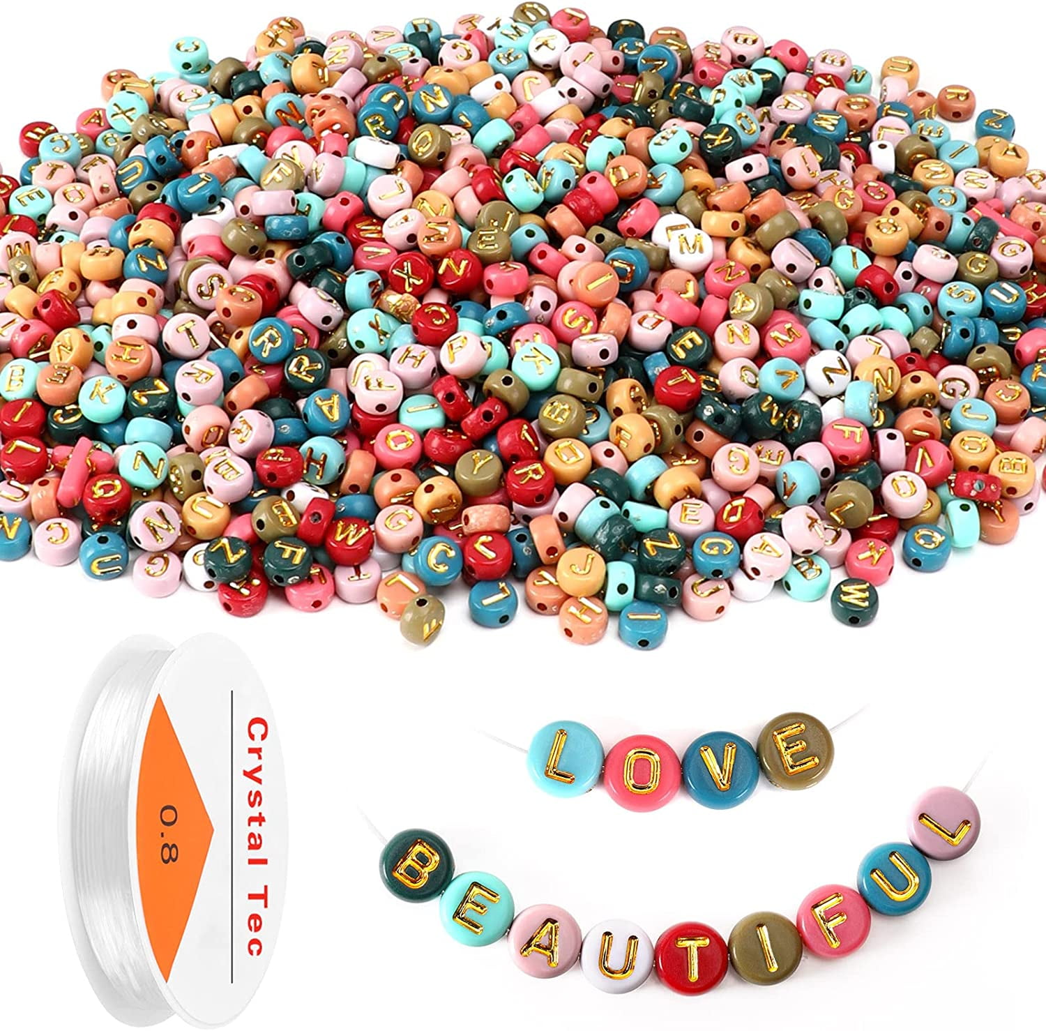 1900pcs 7 Colors Round Letter Beads Acrylic Alphabet Number Beads with 1  Roll Elastic Crystal String Cord for Jewelry Making DIY Necklace Bracelet  (7x4mm) 7 Colors-A