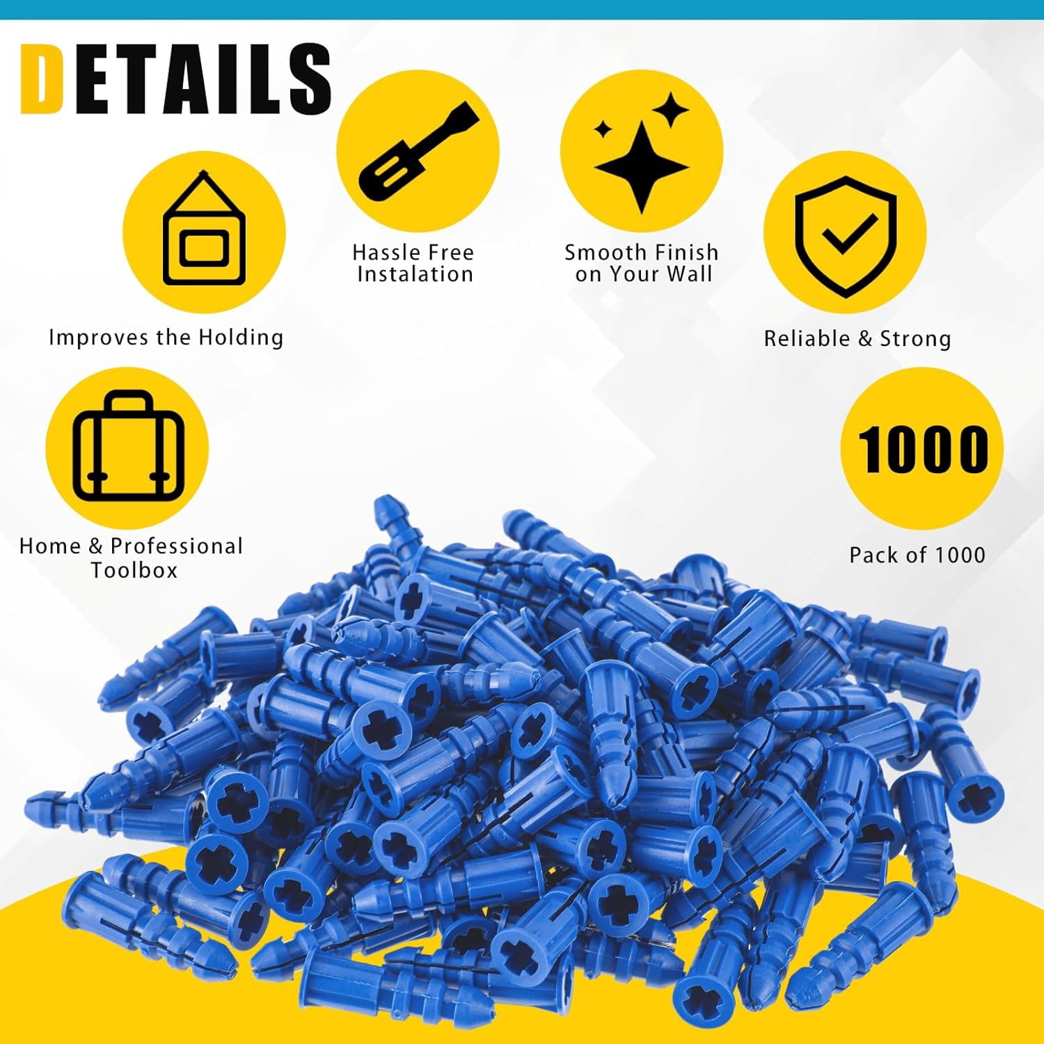1000 Pieces Ribbed Plastic Anchors #10-12 x 1 Inch Drywall Anchors Plastic Wall Anchor Lightweight Blue Screw Anchor for Hollow Walls Concrete Pictures Artwork Decor Anchoring Application