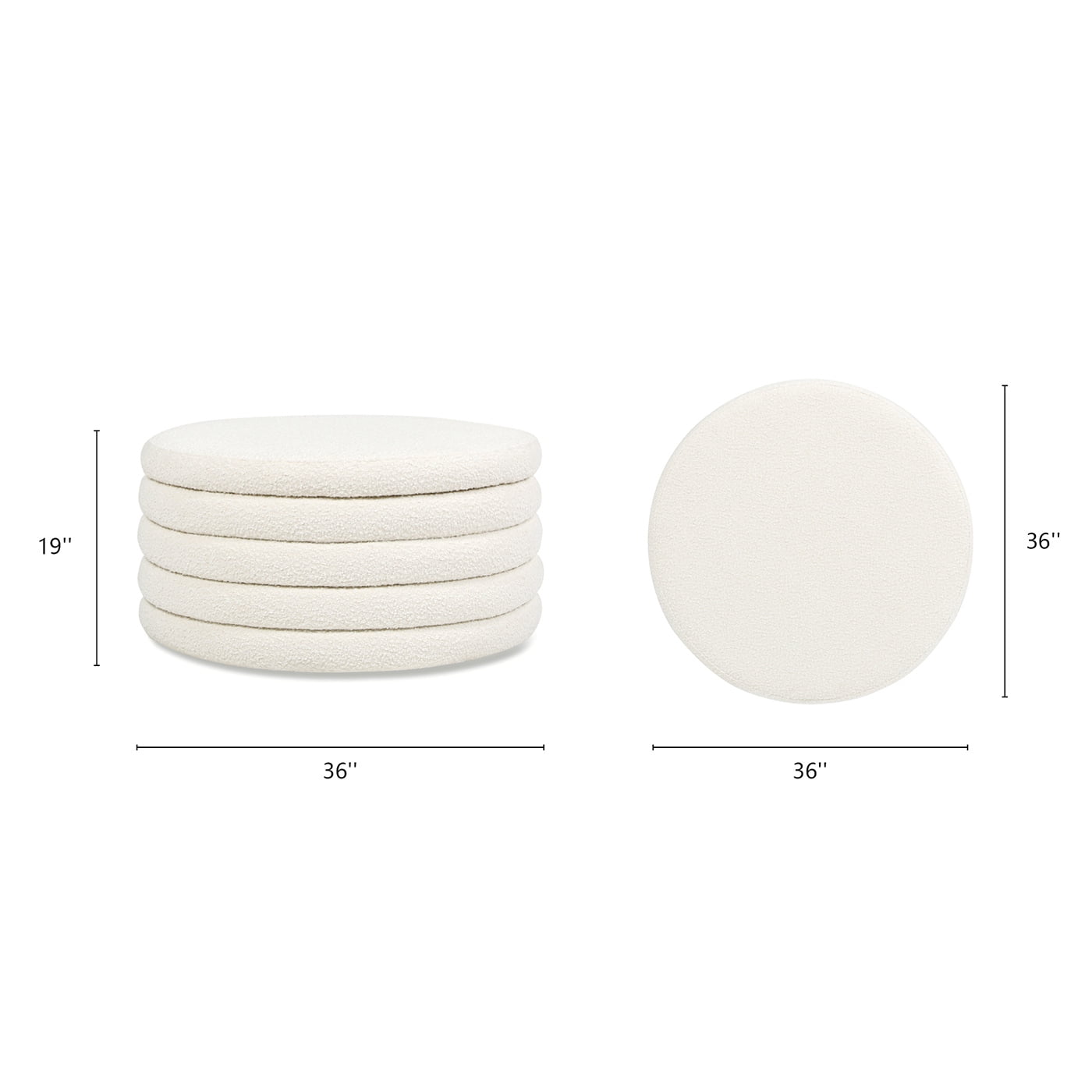 Fuji 36" Round Upholstered Storage Cocktail Ottoman Ivory White Boucle