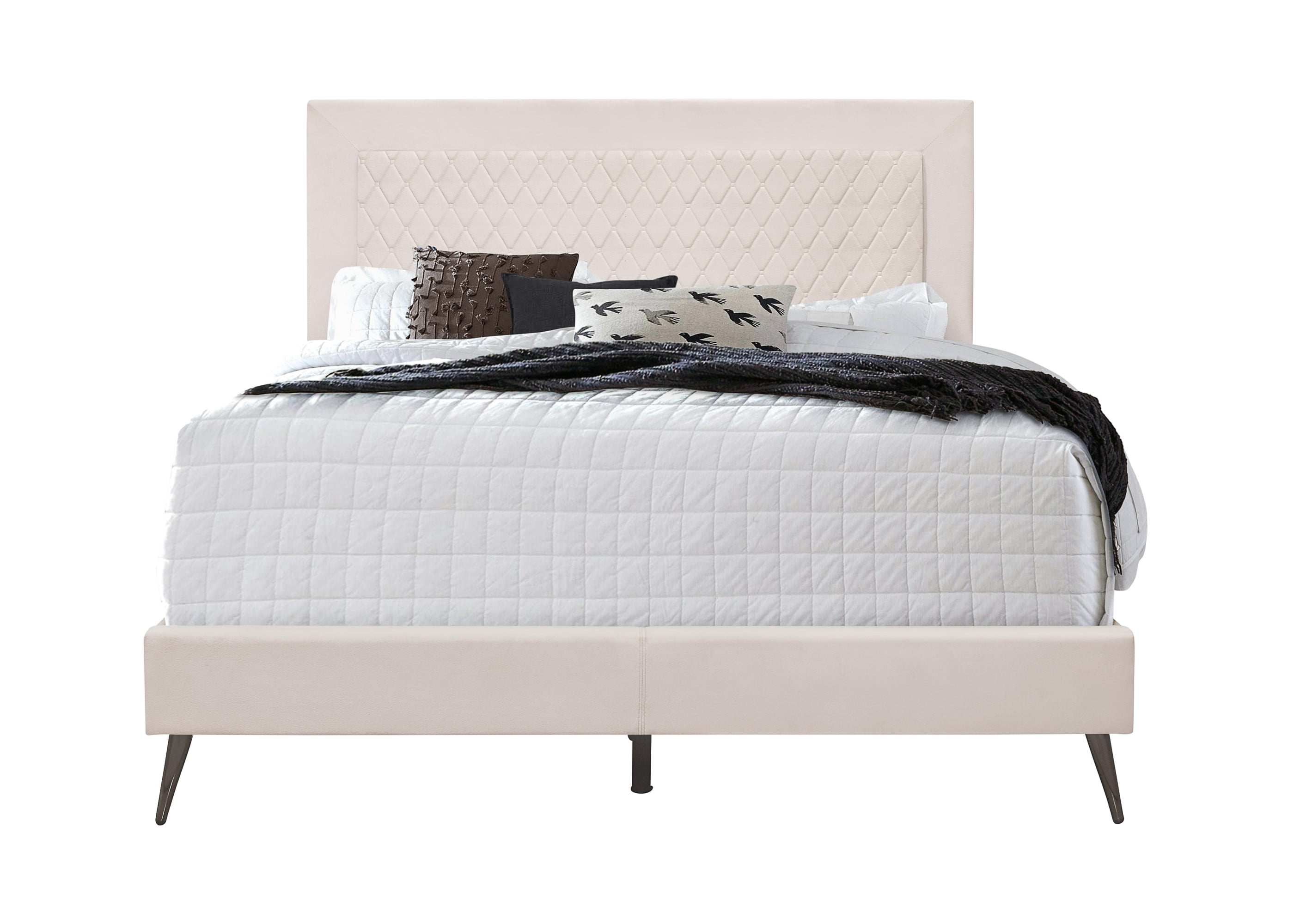 Home Design Lattice King Upholstered Panel Bed Frame, Velvet Upholstery, Foam-Padded Headboard, Light Gray, Easy Assembly