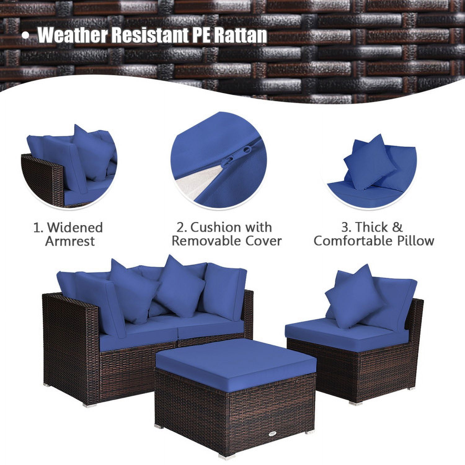 Aimee Lii 4 Pcs Ottoman Garden Deck Patio Rattan Wicker Furniture Set Cushioned Sofa, Outdoor Deck Furniture, Navy Aimee Lii 4 Pcs Ottoman Garden Deck Patio Rattan Wicker Furniture Set Cushioned Sofa, Outdoor Deck Furniture, Navy