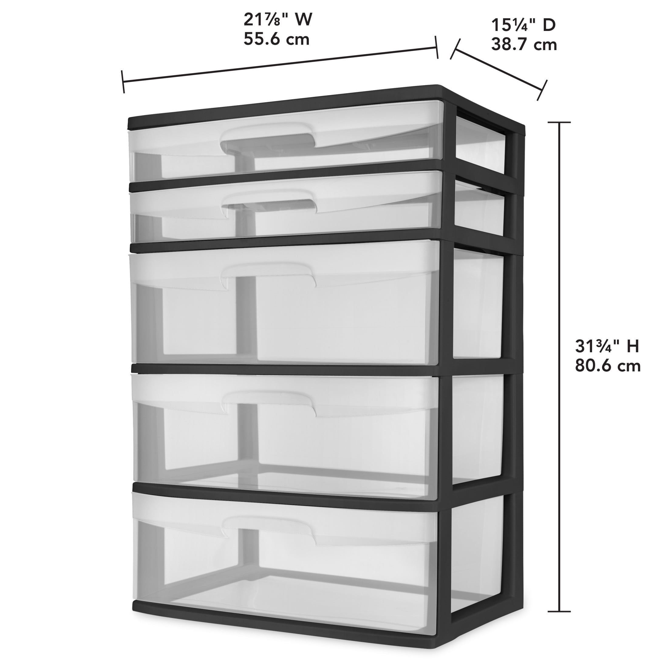 Sterilite 5 Drawer Wide Tower, with both Shallow and Deep Clear Plastic Drawers, Black