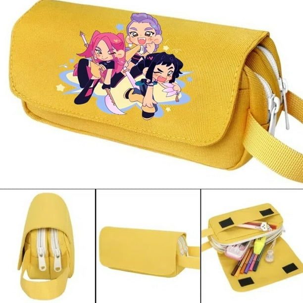 Kpo-p Demon Hun-ter Leather Flap Pencil Case,7.8" Cosmetic Bag, Zipper Organizer, Leather Flap Stationery Bag
