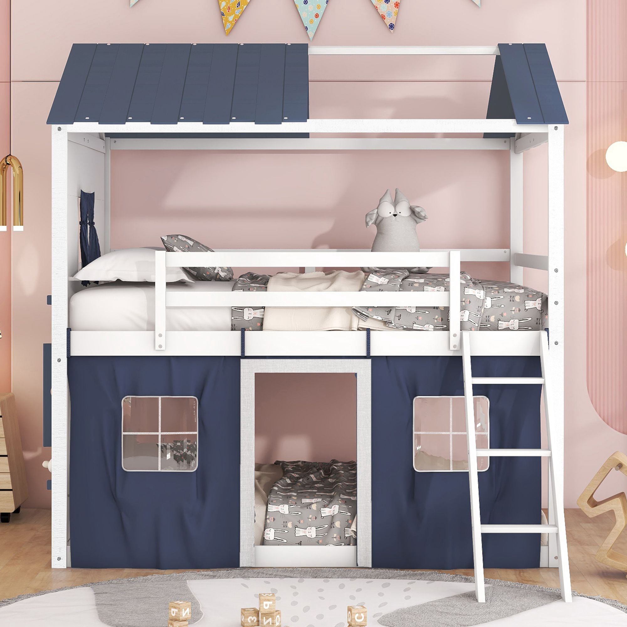 Aukfa Full over Full Bunk Bed with Tent and Roof, Wood Playhouse Bed for Kids, Blue