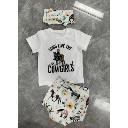 

Luethbiezx Trendy Baby Girls Shorts Set featuring Letters T-shirt Horse Print Shorts and Hairband