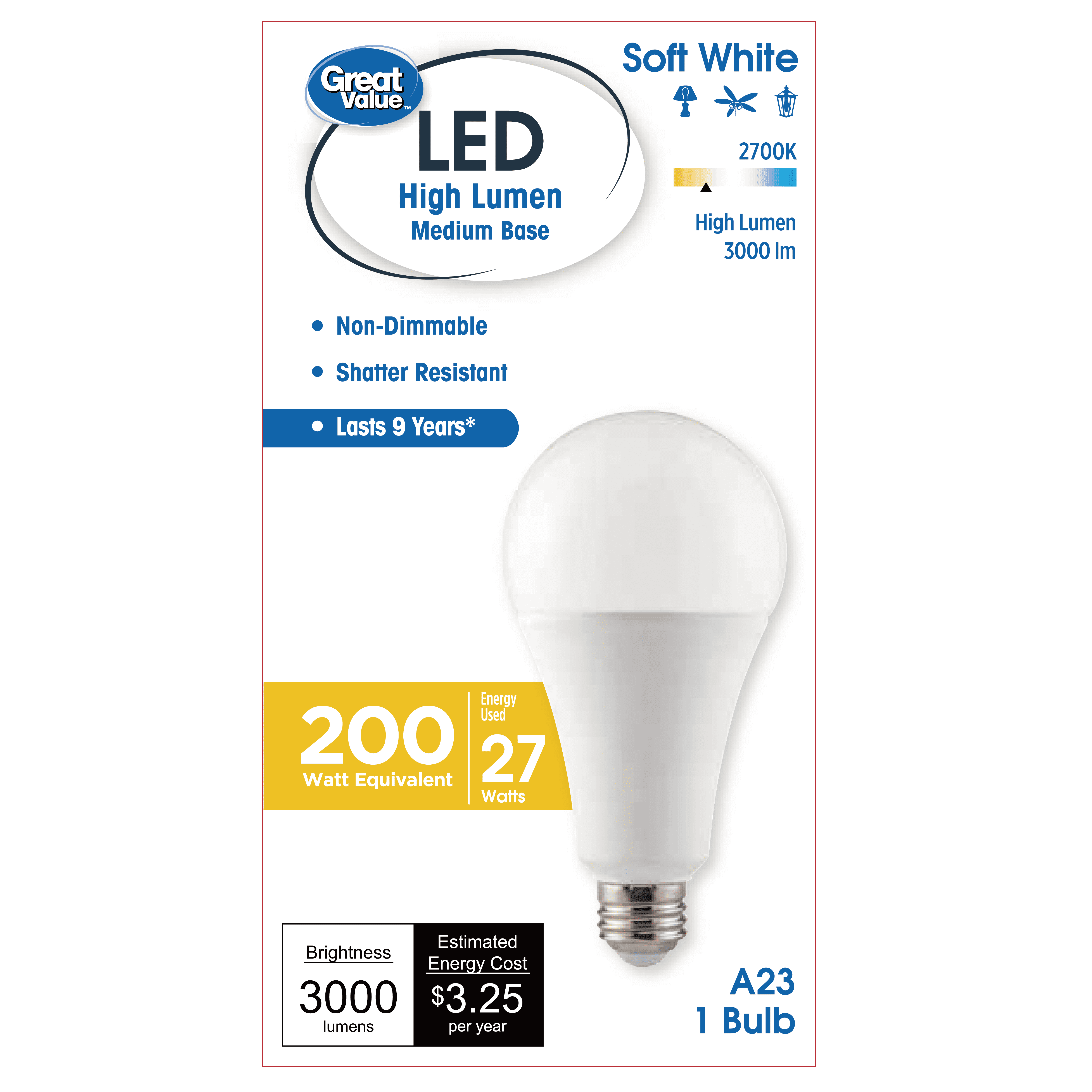 emmer Kangoeroe een vergoeding Great Value LED Frosted Light Bulb,A23 200 Watts Soft White High Lumens  Bulb,Medium Base,Non Dimmable,1 Pack - Walmart.com