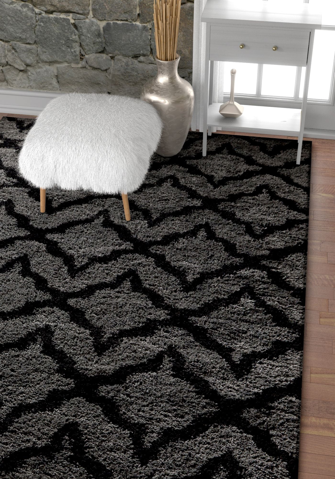 Moroccan Trellis Dark Grey & Black Soft Shag Area Rug 6x9 7x10 (6'7" x