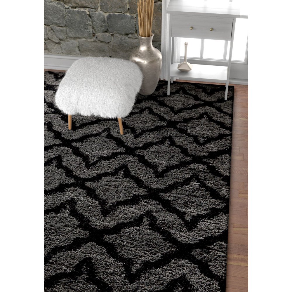 Moroccan Trellis Dark Grey & Black Soft Shag Area Rug 6x9 7x10 (6'7" x 9'10")