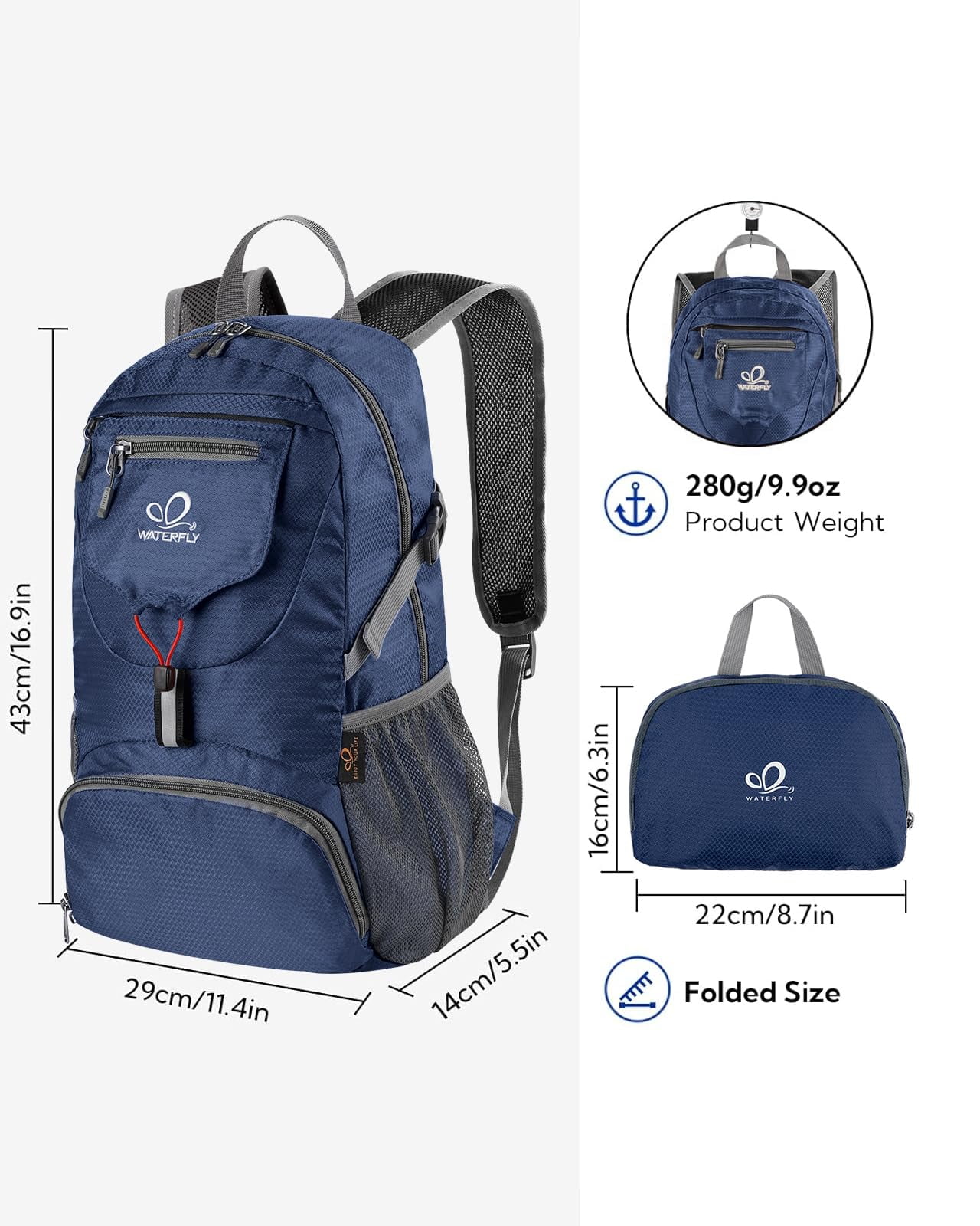WATERFLY Unisex 20L Small Foldable Packable Travel Hiking Backpacks Daypack,Dark Blue