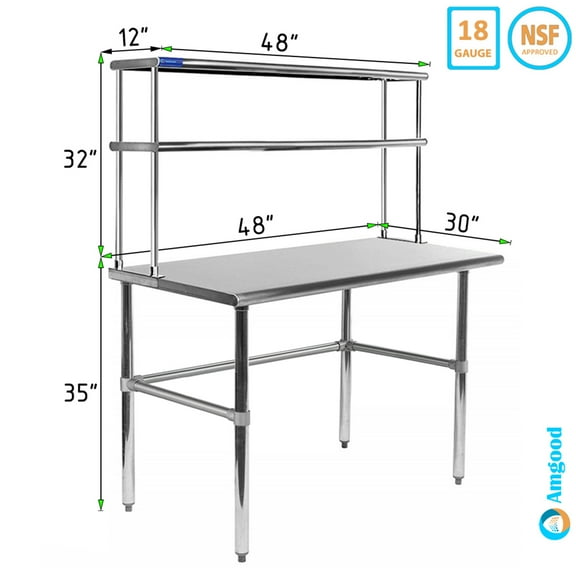 30" x 48" Open Base Stainless Steel Work Table With 12" Wide Double Tier Overshelf | Metal Kitchen Prep Table & Shelving Combo