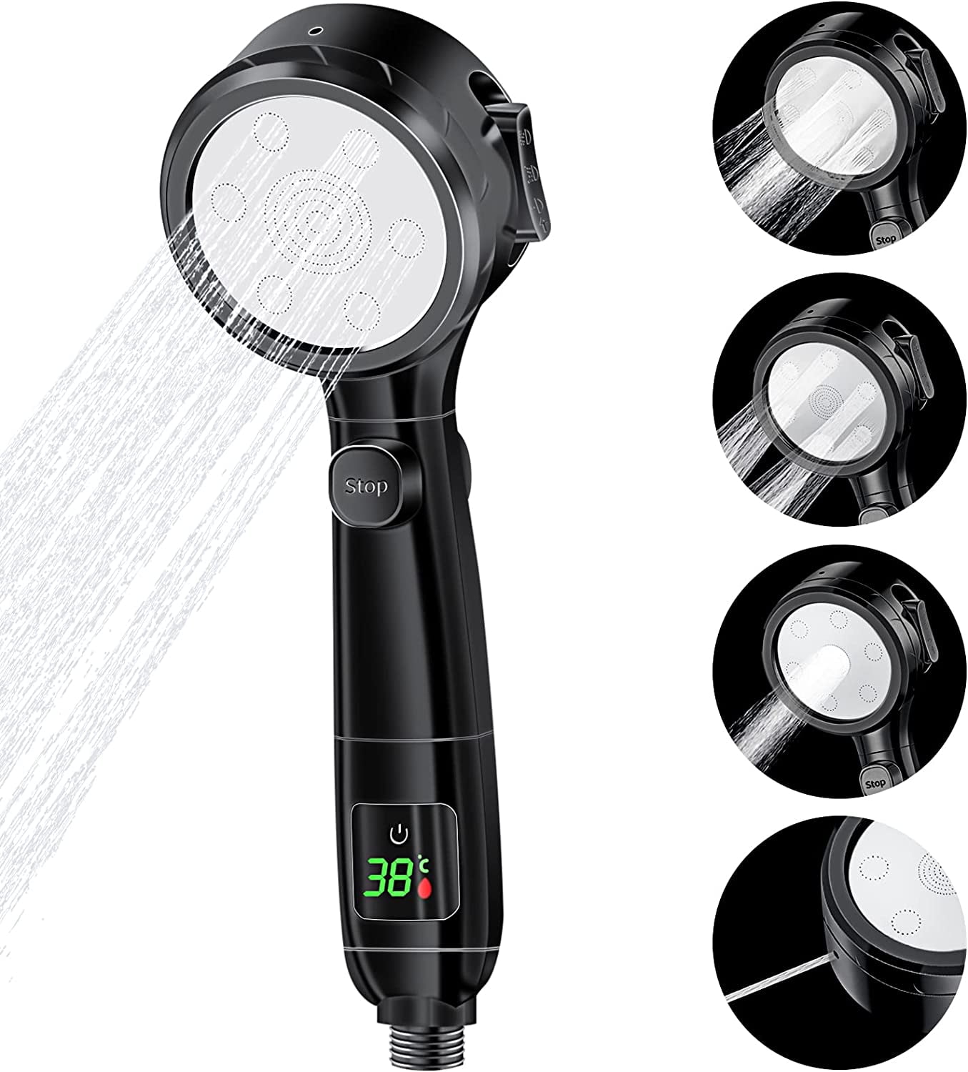 Watersaving shower head with pressure increase, 4 jet types