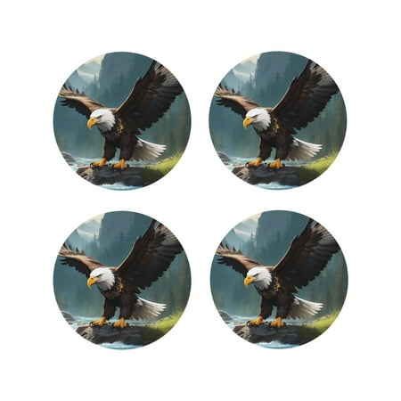 

Leather Coasters Set of 4 - Forest River Bald Eagle Lightweight Non-Slip Drink Coasters for Desk Anti-Scalding Desk Cup Coasters for Office Table Decor Round Shape