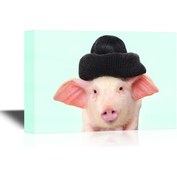 Pigs Canvas Wall Art Little Pig with Black Hat Gallery Wrap Modern
