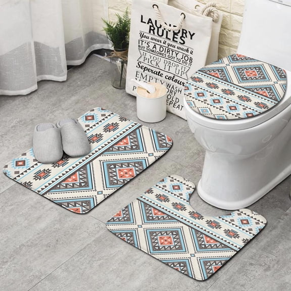 Multicolor Floral and Geometric Boho Pattern Bathroom Rugs Sets 3 Piece,Toilet Cover Set,Absorbent Non Slip Bathroom Mats Sets with U-Shaped Contour Rug Toilet Rug Set