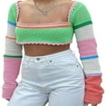 thumbnail image 2 of Pull en Tricot à Blocs de Couleur pour Femmes, Manches Longues, Col Carré, Crochet, Creux, Y2k, Crop Top, Blouse, 2 of 9