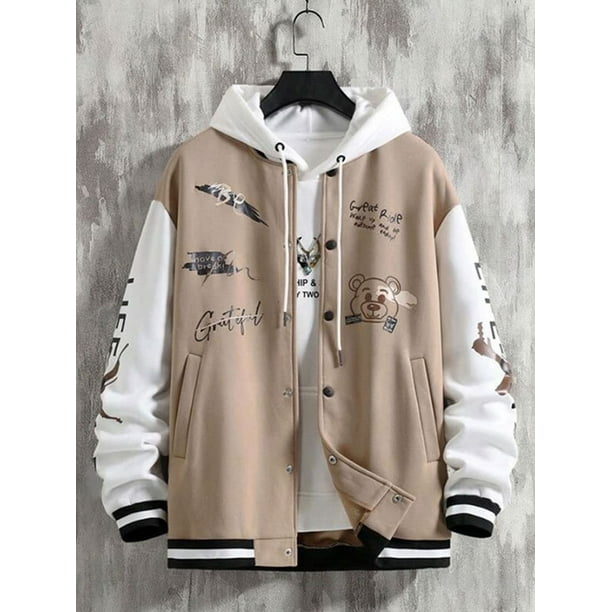 TRKIYQC Chaqueta de beisbol para Hombre Manga Larga con Cierre de Botones Letras Estampado de Oso Chaqueta Universitaria de Color en Contraste