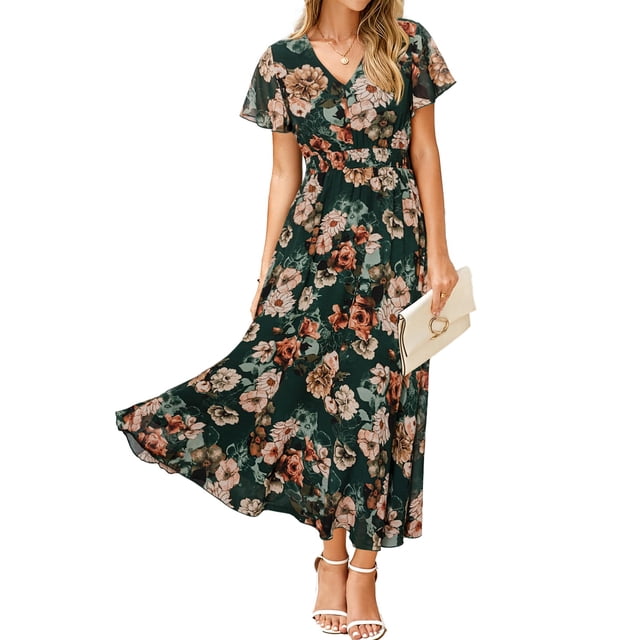 Vestido largo Simplee Apparel, chifón floral, verde verano, XL