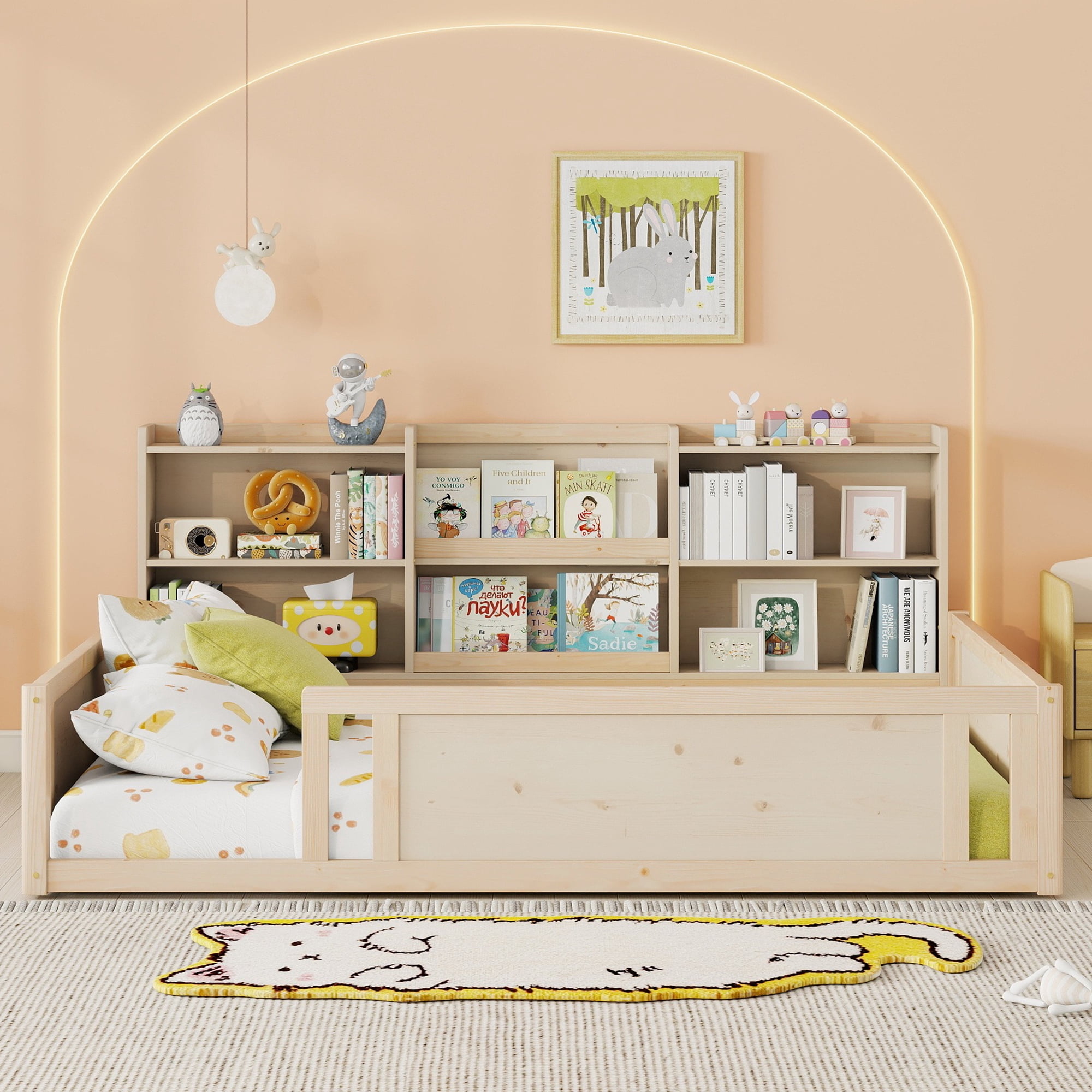 Mintazer Full Size Montessori Floor Bed with Bookcase Headboard & Guardrails, Kids Platform Bed Frame with 6 Cubby Storage Shelves for Bedroom, Natural