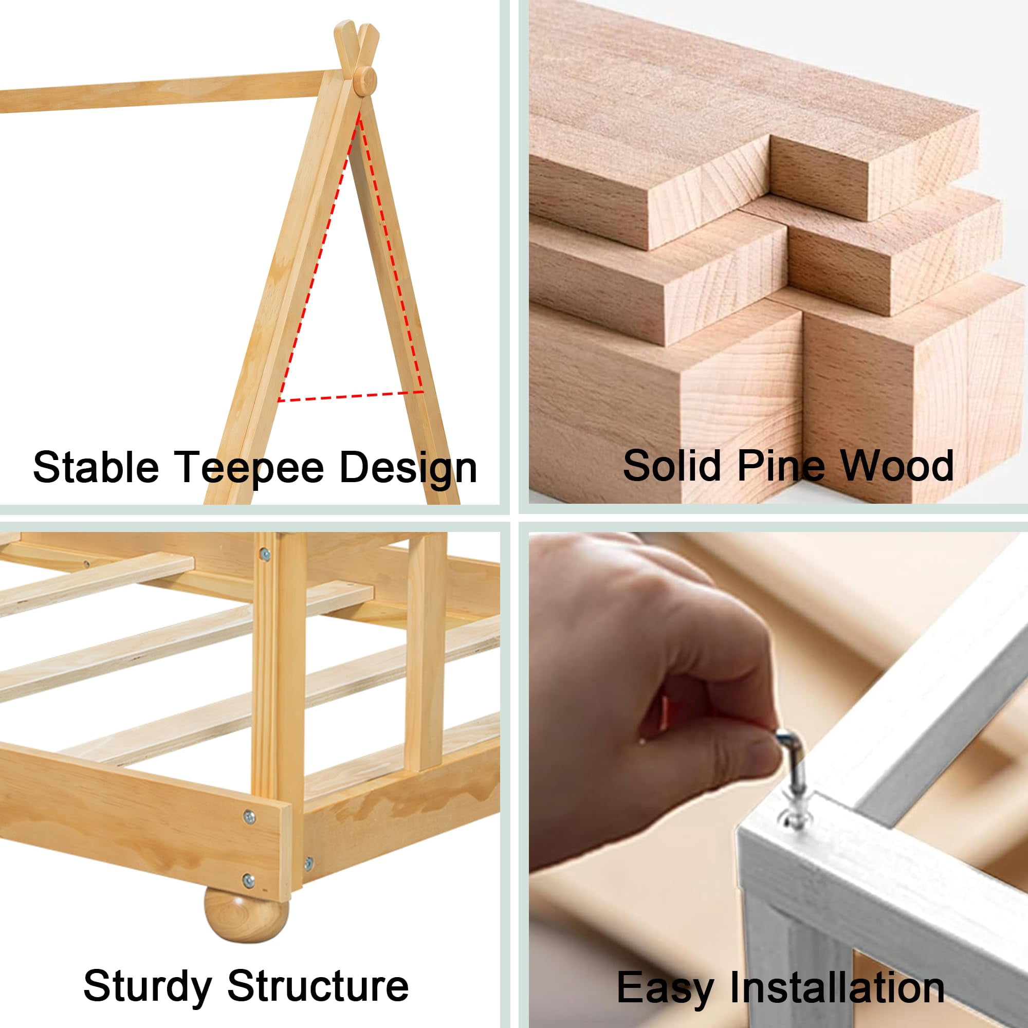 Mirightone Full Floor Bed Frame with Light, Full House Bed with Tent, Floor Bed Full with Slats, Brown + Natural