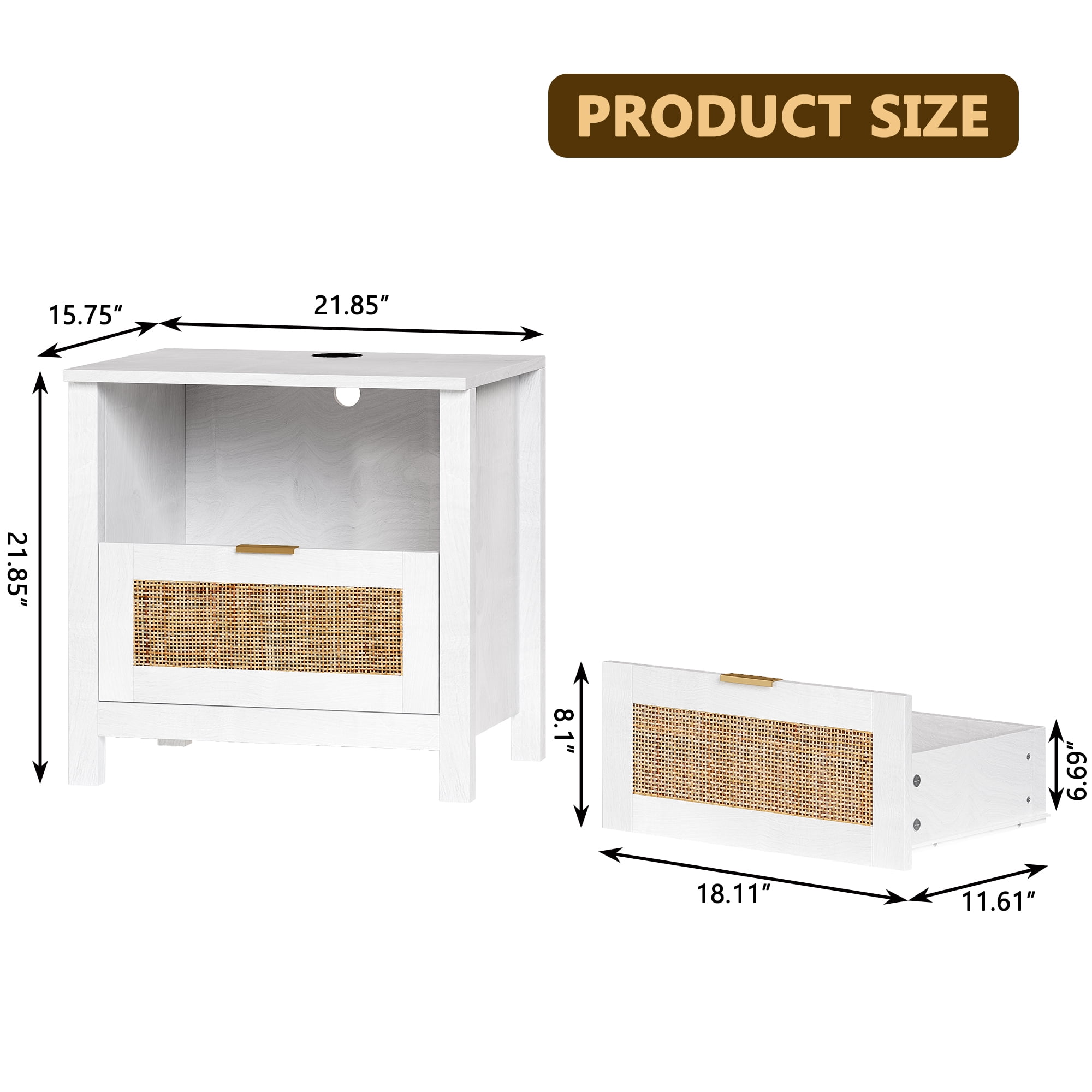 AODAILIHB Accent Bed Side Table, Rattan Night Stands Decor Drawer set of 2, Natural Wood Side Table with Wireless Charging Station, White