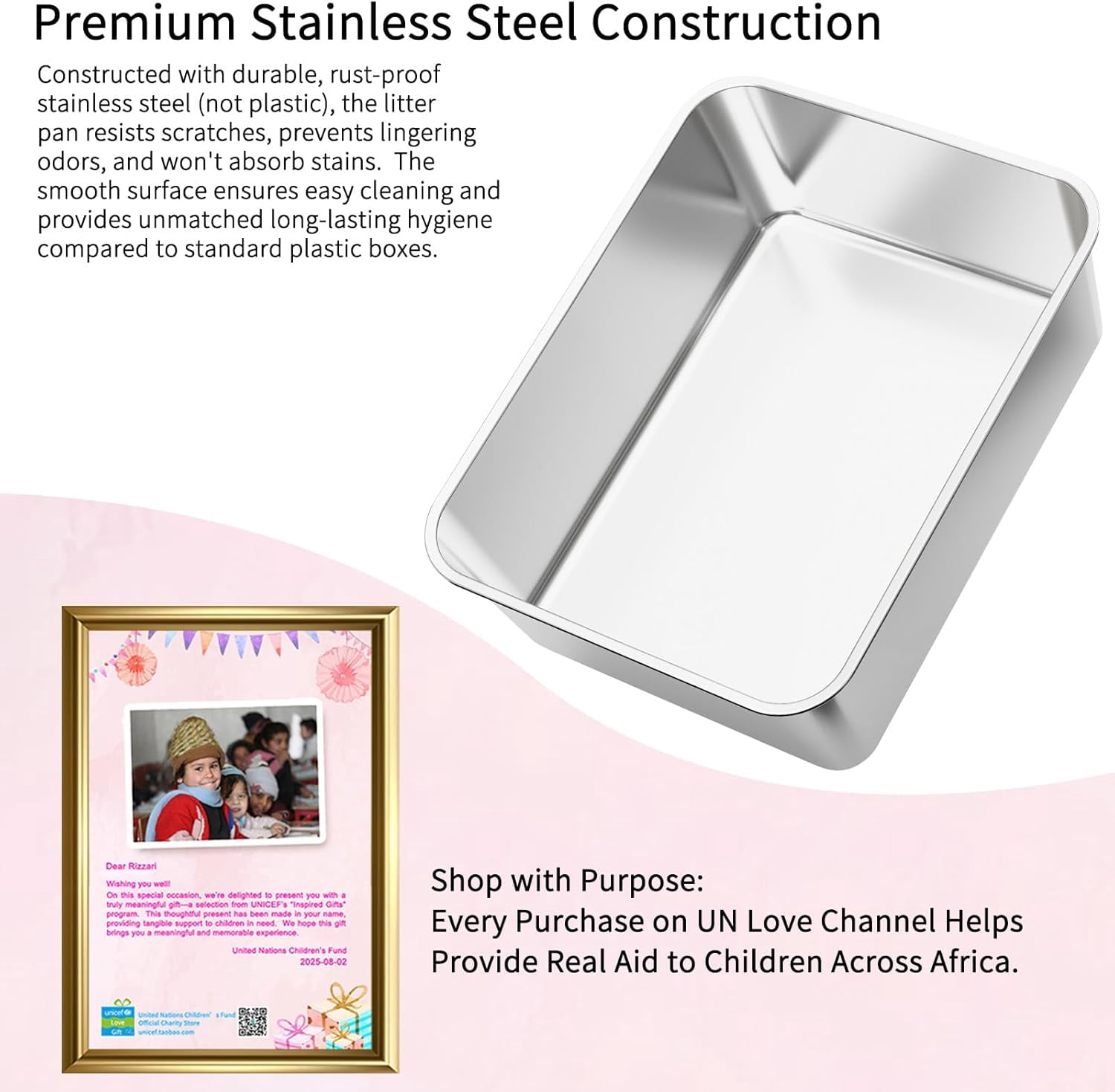 Cat Litter Box: Pink Stainless Steel Odor Control Pan - Easy Clean Non-Porous - 11.6" High Sides Anti-Scatter - Open Top for Fast Scooping - with Scoop - Apartment Bathroom/Laundry Room