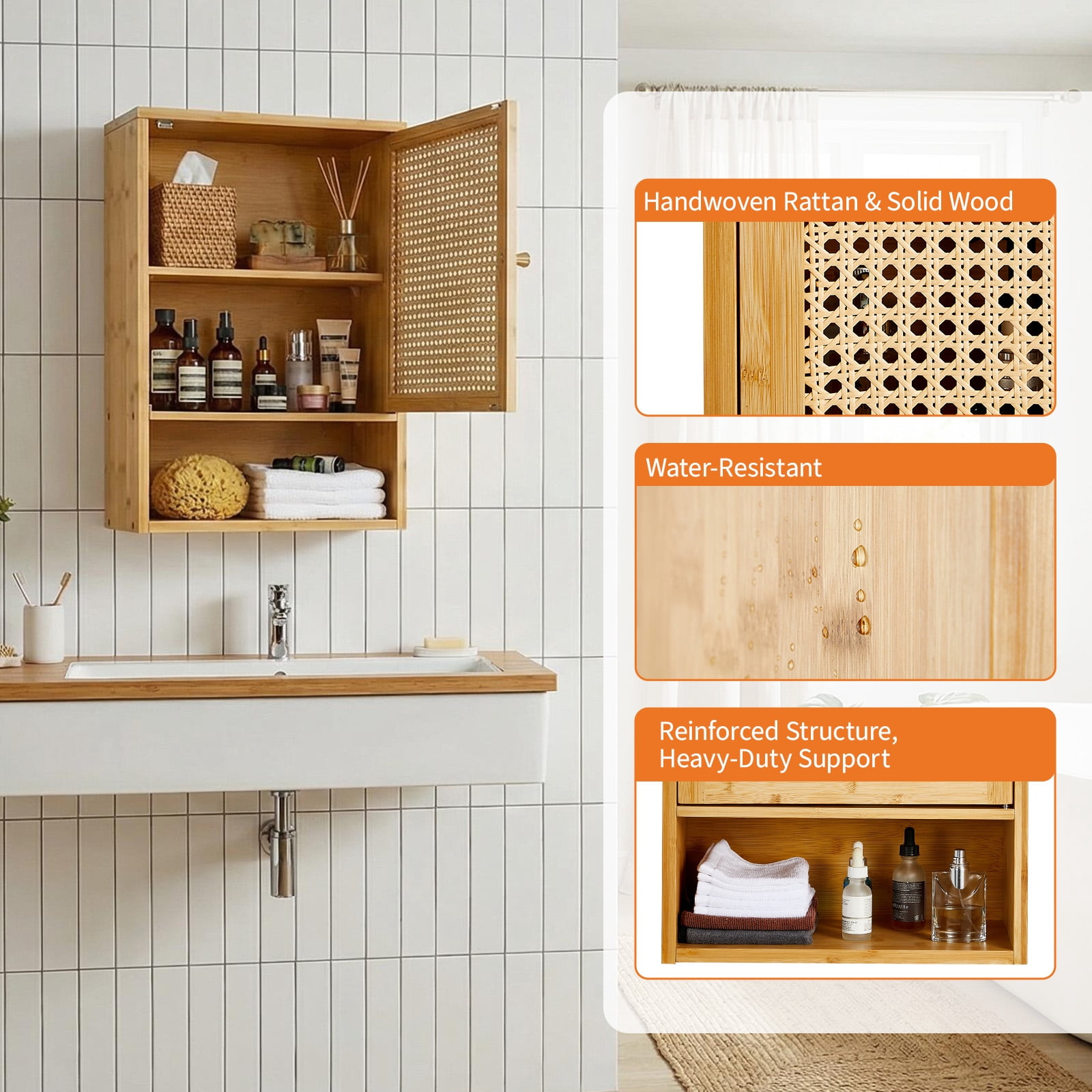 15.74''x 7.87''x 23.62'' Bamboo Bathroom Wall Cabinet with Rattan Door and Adjustable Shelf, Wall Mounted Medicine Cabinet Storage Organizer for Bathroom, Laundry Room, Kitchen, Living Room, Brown