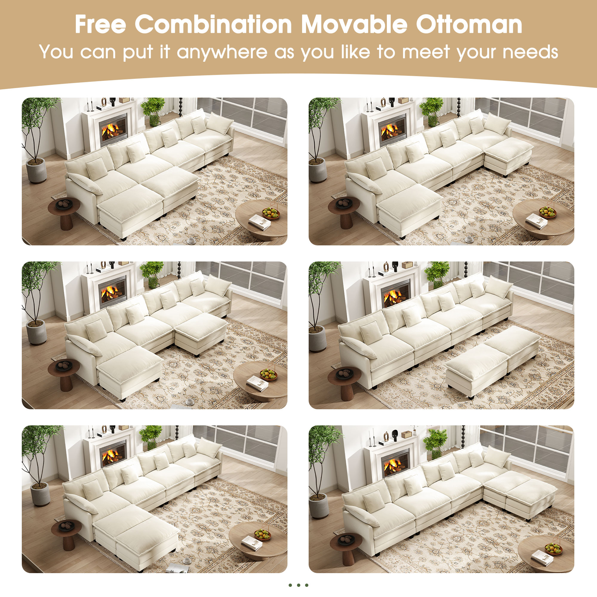 BedLuxury 146.5'' U shape Modular Sectional Sofa with Movable Ottomans, Modern Chenille Deep Seat Couches for Living Room, Apartment, Office, 4-Seat, Beige